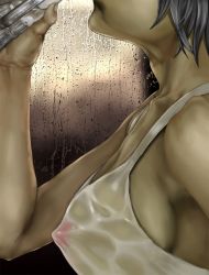Rule 34 | 1girl, barserker, breasts, collarbone, covered erect nipples, cup, drinking glass, from side, glass, grey hair, head out of frame, highres, holding, nipples, original, rain, see-through, short hair, sideboob, solo, upper body, water, water drop, wet, wet clothes, window