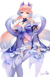 Rule 34 | 1girl, bare shoulders, blunt bangs, collarbone, commentary request, detached sleeves, eden (shiroki yuutsu), genshin impact, gloves, gradient hair, hair ornament, half gloves, highres, long hair, looking at viewer, low twintails, multicolored hair, navel, parted lips, pink hair, purple eyes, sangonomiya kokomi, shorts, sidelocks, signature, simple background, sitting, solo, thick eyebrows, twintails, vision (genshin impact), white background, white gloves, white shorts, wide sleeves