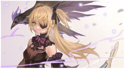 Rule 34 | 1girl, bare shoulders, bird, black bow, black dress, black feathers, blonde hair, border, bow, bowtie, breasts, closed mouth, detached sleeves, dress, eyepatch, feathered wings, feathers, fischl (genshin impact), fishnets, flying, frills, genshin impact, gradient background, green eyes, grey background, hair between eyes, hair bow, long hair, long sleeves, looking at viewer, magic, medium breasts, oz (genshin impact), purple bow, purple bowtie, san m, simple background, smile, standing, star (symbol), two side up, white background, white border, wings