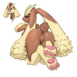 Rule 34 | 1girl, all fours, animal feet, animal nose, ass, ass focus, black sclera, body fur, breasts, brown fur, buck teeth, claws, closed mouth, colored sclera, creatures (company), female focus, fluffy, from behind, full body, furry, furry female, game freak, gen 4 pokemon, half-closed eyes, happy, highres, large breasts, legs, long ears, looking at viewer, looking back, lopunny, nintendo, no pussy, official art inset, pawpads, pokemon, pokemon (creature), rabbit ears, rabbit girl, rabbit tail, red eyes, reference inset, simple background, smile, solo, teeth, telepurte, thighs, two-tone fur, white background, yellow fur
