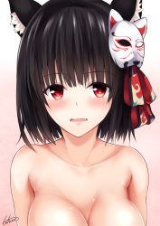 Rule 34 | 1girl, animal ears, azur lane, black hair, blush, breasts, cat ears, cat mask, cleavage, collarbone, commentary request, fang, highres, large breasts, looking at viewer, mask, mask on head, nude, out-of-frame censoring, red eyes, short hair, simple background, solo, tatsuno (saya-tatsuno), yamashiro (azur lane)