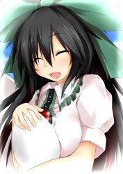 Rule 34 | 1girl, black hair, blush, bow, cape, dd mayohara, egg, female focus, hair bow, happy, long hair, mother and daughter, reiuji utsuho, smile, solo, third eye, touhou