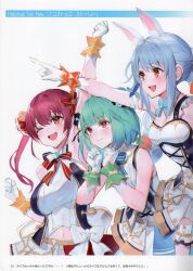 Rule 34 | 3girls, absurdres, alternate costume, animal ears, arm up, blue hair, blush, bow, bowtie, braid, breasts, carrot hair ornament, clenched hands, fake animal ears, food-themed hair ornament, gloves, grey hair, hair ornament, hands up, highres, hololive, houshou marine, long hair, medium breasts, miniskirt, multiple girls, navel, open mouth, orange eyes, page number, pointing, rabbit ears, red eyes, red hair, ribbon, scan, sidelocks, simple background, skirt, small breasts, smile, stomach, twintails, uruha rushia, usada pekora, virtual youtuber, watao, white hair