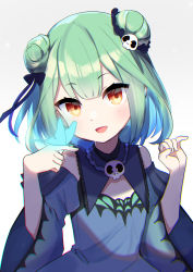 Rule 34 | 1girl, absurdres, blue dress, blue hair, bug, butterfly, butterfly on hand, colored inner hair, commentary request, detached collar, double bun, dress, green hair, hair bun, hair ornament, hands up, highres, hololive, hololive fantasy, insect, long sleeves, looking at viewer, multicolored hair, open mouth, red eyes, shinomiya shino (sinosino141), short hair, simple background, skull hair ornament, smile, solo, upper body, uruha rushia, uruha rushia (1st costume), virtual youtuber, white background, wide sleeves