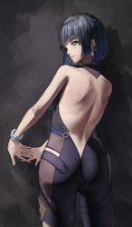 Rule 34 | 1girl, ass, back, bare back, bare shoulders, blue hair, blunt bangs, bracelet, closed mouth, dark background, earrings, from behind, genshin impact, green eyes, highres, jewelry, looking at viewer, looking back, necktie, own hands together, parted bangs, see-through, see-through legwear, short hair, sozoroame, stretching, yelan (genshin impact)