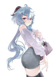 Rule 34 | 1girl, absurdres, ahoge, alternate costume, ass, bag, bare shoulders, black thighhighs, blue hair, blush, breasts, closed mouth, commentary, cowboy shot, curled horns, denim, denim shorts, from side, ganyu (genshin impact), genshin impact, green nails, grey shorts, hair between eyes, haku89, hand on own chest, handbag, highres, horns, long hair, long sleeves, looking at viewer, looking to the side, medium breasts, nail polish, off shoulder, pants, purple eyes, revision, shirt, short shorts, shorts, shoulder bag, sidelocks, skindentation, solo, standing, thighhighs, thighs, very long hair, white background, white shirt