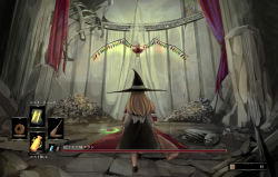 Rule 34 | 2girls, aoi kujira, apron, back bow, black dress, blonde hair, bow, broom, commentary request, crystal, curtains, dark souls (series), dress, flandre scarlet, floating, full body, hat, hat ribbon, holding, holding broom, indoors, kirisame marisa, large wings, long hair, long sleeves, looking at another, multiple girls, parody, red skirt, red vest, ribbon, shoes, short sleeves, skeleton, skirt, skirt set, skull, touhou, user interface, vest, walking, white bow, wings, witch hat