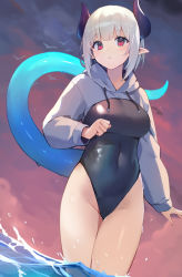 Rule 34 | 1girl, :o, absurdres, bird, black one-piece swimsuit, breasts, cloud, commentary, covered navel, cropped hoodie, drawstring, grey hair, grey hoodie, groin, highleg, highleg swimsuit, highres, hood, hood down, hoodie, horns, large breasts, light blush, looking to the side, medium hair, one-piece swimsuit, original, parted lips, pointy ears, red eyes, ryou (ponpgo), sky, solo, swimsuit, symbol-only commentary, tail, thighs, wading, water, wet