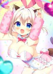 Rule 34 | 1girl, :d, animal ears, aoi yun, arms up, bare shoulders, blue eyes, blurry, blurry background, blurry foreground, blush, bow, bowtie, breasts, cat ears, cat girl, cat tail, cleavage, collar, commentary request, commission, depth of field, detached collar, fake animal ears, fake tail, fang, frilled leotard, frills, hair between eyes, heart, highres, large breasts, leaning forward, leotard, light brown hair, looking at viewer, open mouth, original, pink bow, pink bowtie, pink leotard, playboy bunny, rabbit ears, rabbit pose, rabbit tail, short eyebrows, skeb commission, smile, solo, strapless, strapless leotard, tail, thick eyebrows, thighhighs, white collar, white thighhighs, wing collar