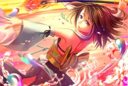 Rule 34 | 00s, 1girl, blue eyes, blurry, brown hair, depth of field, detached sleeves, final fantasy, final fantasy x, gradient background, japanese clothes, kimono, short hair, solo, staff, sumomo h, water, yuna, yuna (ff10)