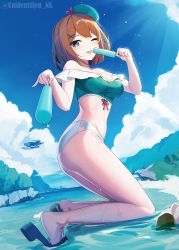 Rule 34 | 1girl, adapted costume, aircraft, airplane, aqua bikini, aqua hat, bare arms, bare legs, bare shoulders, beret, bikini, blue eyes, brown hair, cloud, cloudy sky, day, food, groin, hair ornament, hat, highres, holding, holding food, kantai collection, maya (kancolle), maya kai ni (kancolle), off-shoulder bikini, off shoulder, one eye closed, popsicle, shore, short hair, sky, smile, solo, swimsuit, tongue, tongue out, twitter username, unidentified nk, x hair ornament