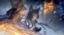 Rule 34 | 2girls, animal ears, backless coat, backless outfit, black gloves, black hair, blonde hair, blurry, bokeh, closed mouth, coat, company name, copyright notice, cup, depth of field, elsine (granblue fantasy), gloves, granblue fantasy, hanging lantern, highres, holding, holding cup, lantern, lips, long hair, looking at viewer, looking up, multiple girls, official art, parted bangs, parted lips, petals, purple eyes, red eyes, sideways mouth, white coat, white gloves, yuisis (granblue fantasy)
