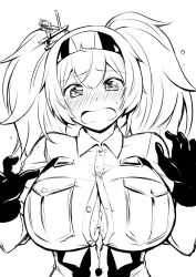 Rule 34 | 1girl, after paizuri, blush, breast pocket, breasts, center opening, cleavage, crying, crying with eyes open, cum, cum on body, cum on breasts, cum on upper body, cumdrip, flying sweatdrops, gambier bay (kancolle), gloves, greyscale, hairband, kanno takanori, kantai collection, large breasts, looking at viewer, monochrome, nose blush, open mouth, pocket, short sleeves, simple background, solo, tears, twintails, unbuttoned, unbuttoned shirt, upper body, white background