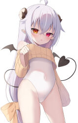 Rule 34 | 1girl, ahoge, black wings, bow, breasts, brown bow, brown eyes, brown sweater, commentary request, covered navel, cropped sweater, demon girl, demon horns, demon tail, demon wings, grey hair, groin, hair between eyes, hair bow, hand up, heterochromia, horns, leotard, leotard under clothes, long hair, long sleeves, looking down, medium breasts, mini wings, off-shoulder sweater, off shoulder, original, parted lips, pointy ears, puffy long sleeves, puffy sleeves, red eyes, ribbed sweater, simple background, sleeves past fingers, sleeves past wrists, solo, sweater, tail, usagimiko, very long hair, white background, white leotard, wide sleeves, wings