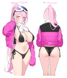 Rule 34 | 1girl, ass, back, bikini, black bikini, blue archive, blush, breasts, cleavage, eimi (blue archive), eimi (swimsuit) (blue archive), goggles, goggles on head, halo, high ponytail, jacket, large breasts, long hair, long sleeves, looking at viewer, multiple views, navel, open clothes, open jacket, pink hair, pink jacket, popqn, purple eyes, scarf, sidelocks, ski goggles, swimsuit, thighs, white scarf