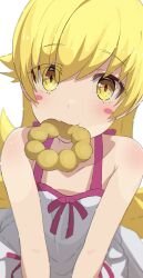 Rule 34 | 1girl, absurdres, bare shoulders, blonde hair, blush, blush stickers, camui1104, doughnut, dress, flat chest, food, food in mouth, highres, long hair, looking at viewer, monogatari (series), mouth hold, oshino shinobu, pointy ears, ribbon, simple background, smile, solo, white background, white dress, yellow eyes