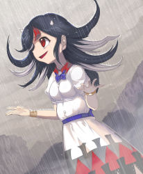 Rule 34 | 1girl, arrow (symbol), black hair, bow, commentary request, crying, dress, grey horns, highres, horns, kijin seija, multicolored hair, open mouth, rain, red eyes, red hair, short hair, short sleeves, solo, streaked hair, streaming tears, syope, tears, touhou, white hair