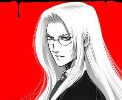 Rule 34 | 1girl, ascot, commentary request, forehead, glasses, greyscale with colored background, hellsing, highres, integra hellsing, long hair, looking at viewer, portrait, red background, serious, solo, toshimichi yukari, v-shaped eyebrows