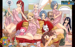 Rule 34 | 6+girls, :o, barefoot, bisca mulan, blonde hair, blue eyes, blue hair, blush, bottomless, bra, breasts, brown eyes, brown hair, cana alberona, cat, charle (fairy tail), dog, drink, eating, erza scarlet, evergreen (fairy tail), fairy tail, hand fan, food, glasses, green hair, highres, juvia lockser, large breasts, legs, levy mcgarden, lingerie, lucy heartfilia, mashima hiro, mirajane strauss, multiple girls, official art, open mouth, pajamas, panties, pillow, pizza, red eyes, red hair, sideboob, sitting, tattoo, towel, underwear, wendy marvell, white hair