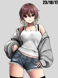 Rule 34 | 1girl, aketa mikoto, alternate costume, bare shoulders, black bra, black thighhighs, blush, bra, breasts, bright pupils, brown hair, camisole, cutoffs, dated, denim, denim shorts, gradient hair, grey jacket, highres, idolmaster, idolmaster shiny colors, jacket, jacket partially removed, koitusmile, large breasts, light brown hair, looking at viewer, midriff peek, multicolored hair, navel, short shorts, shorts, simple background, smile, solo, thighhighs, underwear, white camisole