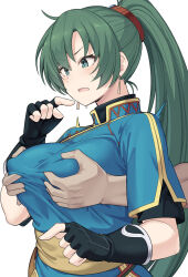 Rule 34 | 1boy, 1girl, black gloves, breasts, covered erect nipples, earrings, fingerless gloves, fire emblem, fire emblem: the blazing blade, frown, gloves, grabbing, grabbing another&#039;s breast, grabbing from behind, green eyes, green hair, grey hair, jewelry, large breasts, long hair, lyn (fire emblem), nintendo, open mouth, ponytail, shiseki hirame, solo focus, white background