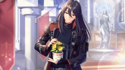 Rule 34 | 1boy, afterl!fe, black hair, closed mouth, facing viewer, flower, ghilley (afterl!fe), highres, long hair, looking down, male focus, official art, plant, potted plant, red eyes, second-party source, smile, solo, yellow flower