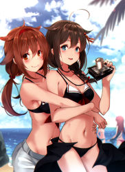 Rule 34 | 4girls, absurdres, ahoge, beach, bikini, black bikini, black hair, blue eyes, blush, braid, breasts, brown eyes, brown hair, camera, character request, cleavage, hair flaps, hair over shoulder, hairband, highres, hug, hug from behind, kantai collection, kujou ichiso, long hair, looking at viewer, medium breasts, medium hair, multiple girls, navel, official art, open mouth, red hairband, scan, scan artifacts, shigure (kancolle), shigure kai ni (kancolle), shiratsuyu (kancolle), smile, standing, swimsuit, twintails