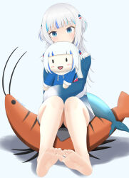 Rule 34 | 1girl, absurdres, bare legs, barefoot, black panties, blue background, blue eyes, blue hair, blue hoodie, blunt bangs, character doll, commentary request, feet, fins, fish tail, foreshortening, full body, gawr gura, grey hair, hair ornament, head tilt, highres, hololive, hololive english, hood, hoodie, legs together, long hair, looking at viewer, multicolored hair, panties, shadow, shark girl, shark hair ornament, shark tail, shiny skin, shrimp, sidelocks, sitting, smol gura, soles, solo, streaked hair, tail, tamagotozi3420, toes, twitter username, two side up, underwear, virtual youtuber