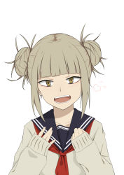 Rule 34 | 1girl, absurdres, bad id, bad pixiv id, blonde hair, blunt bangs, blush, boku no hero academia, collarbone, commentary, double bun, hair bun, highres, l.tea, long sleeves, looking at viewer, open mouth, school uniform, serafuku, short hair, simple background, smile, solo, toga himiko, uniform, white background, yellow eyes