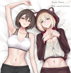 Rule 34 | 2girls, ahoge, animal hood, arm up, armpits, azur lane, baltimore (azur lane), bare arms, bare shoulders, bataan (azur lane), bed sheet, blonde hair, blue eyes, brown hair, character request, commentary request, crop top, highres, hood, hoodie, jakqbigone, long hair, looking at viewer, lying, midriff, multiple girls, navel, on back, parted lips, short hair, smile, sports bra, stomach, upper body, yellow eyes