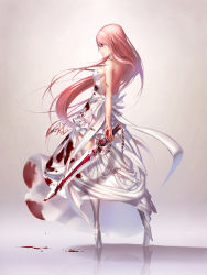 Rule 34 | 1girl, backless outfit, blood, blood on breasts, blood on clothes, blood splatter, breasts, full body, high heels, highres, long hair, luen kulo, medium breasts, original, pink hair, profile, red eyes, reflection, sideboob, solo, sword, thighhighs, very long hair, weapon, white thighhighs