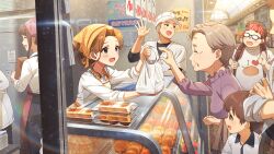 Rule 34 | 3girls, bag, brown hair, food, forehead, game cg, glasses, grey hair, hat, head scarf, heart, idolmaster, idolmaster million live!, idolmaster million live! theater days, japanese text, multiple girls, nikaidou chizuru, official art, open mouth