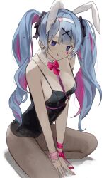 Rule 34 | 1girl, :q, absurdres, animal ears, black leotard, black pantyhose, blue eyes, blue hair, breasts, commentary, detached collar, earrings, fake animal ears, hair ornament, hairband, hatsune miku, highres, jewelry, kapo, leotard, long hair, looking at viewer, medium breasts, multicolored hair, pantyhose, pink eyes, pink nails, playboy bunny, rabbit ears, rabbit hole (vocaloid), seiza, simple background, sitting, solo, streaked hair, stud earrings, teardrop facial mark, tongue, tongue out, twintails, vocaloid, white background, white hairband, x hair ornament