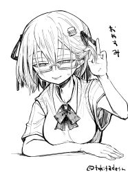 Rule 34 | 1girl, bags under eyes, blush, borrowed character, breasts, closed mouth, collared shirt, cropped torso, food-themed hair ornament, glasses, hair ornament, hair ribbon, half-closed eyes, hamburger-chan (hundredburger), hand up, highres, looking at viewer, medium breasts, neck ribbon, original, raised eyebrows, ribbon, seductive smile, shirt, short sleeves, simple background, smile, solo, sweat, sweater vest, tokita (jyabarachan), translation request, tucking hair, twitter username, upper body