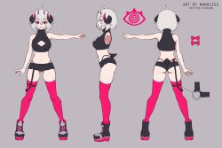 Rule 34 | 1girl, absurdres, artist name, ass, back, boots, bow, character sheet, commentary, english commentary, from side, full body, grey background, grey hair, hair between eyes, highres, horns, indie virtual youtuber, multiple horns, multiple views, nano (nanoless), nanoless, patreon username, sharp teeth, short hair, short shorts, shorts, simple background, skindentation, smile, standing, teeth, thighhighs, twitter username, virtual youtuber, watermark