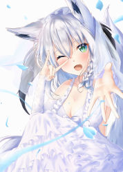 Rule 34 | 1girl, ;d, alternate costume, animal ears, bad id, bad pixiv id, blush, braid, breasts, bridal gauntlets, bridal veil, cleavage, dress, fox ears, fox shadow puppet, fox tail, frilled dress, frills, gloves, green eyes, hair between eyes, highres, hololive, long hair, looking at viewer, medium breasts, one eye closed, open mouth, outstretched hand, palms, petals, ribbon, shirakami fubuki, side braid, silver hair, simple background, smile, solo, tail, taracomax, veil, virtual youtuber, wedding dress, white background, white dress, white gloves