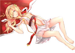 Rule 34 | 1girl, barefoot, belt, blonde hair, braid, breasts, cape, center opening, cross, dress, flower, food-themed hair ornament, fur trim, grape hair ornament, green eyes, hair flower, hair ornament, half-closed eye, highres, idun (tower of saviors), long hair, looking at viewer, lying, no bra, on back, one eye closed, open mouth, red cape, sideboob, silver (chenwen), simple background, sketch, sleeveless, sleeveless dress, small breasts, solo, tower of saviors, twin braids, white background, white dress