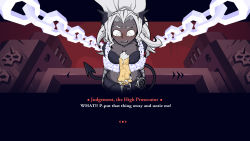 Rule 34 | 1girl, armband, belt, black bra, black horns, black jacket, black tail, blush, bound, bound arms, bra, breasts, chain, chained, colored skin, cream, dark-skinned female, dark skin, demon girl, demon horns, demon tail, english text, fake screenshot, food, gauntlets, helltaker, highres, horns, jacket, judgement (helltaker), large breasts, looking down, monster girl, navel, official style, open mouth, pancake, ponytail, sexually suggestive, solo, sweat, sweatdrop, tail, underwear, very dark skin, white eyes, white hair, zlasova