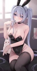 Rule 34 | 1girl, animal ears, bare shoulders, black choker, black leotard, black thighhighs, blush, breasts, choker, fake animal ears, grey eyes, grey hair, hair between eyes, highleg, highleg leotard, highres, hiroside, large breasts, leotard, long hair, looking at viewer, mole, mole on breast, original, playboy bunny, rabbit, rabbit ears, sitting, solo, strapless, strapless leotard, thighhighs, twintails