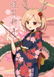 Rule 34 | 1girl, antlers, blonde hair, dragon girl, dragon horns, dragon tail, furisode, happy new year, harakune (mugennero), highres, horns, japanese clothes, kicchou yachie, kimono, looking at viewer, new year, open mouth, red eyes, short hair, smoking pipe, tail, touhou, yellow horns