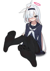 Rule 34 | 1girl, plana (blue archive), absurdres, black pantyhose, blue archive, blush, feet, hair over one eye, hairband, hand on own knee, highres, long hair, looking at viewer, pantyhose, school uniform, serafuku, silver hair, soles, toes, white background