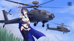 Rule 34 | ah-64 apache, aircraft, assault rifle, blue bow, bow, bow earrings, chain, earrings, edzactly, gun, hair intakes, helicopter, highres, holocouncil, hololive, hololive english, jewelry, m16, m16a1, ouro kronii, ouro kronii (1st costume), rifle, virtual youtuber, weapon