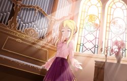 Rule 34 | 10s, 1girl, ^ ^, artist request, blonde hair, blouse, bow, brooch, church, clarice (idolmaster), closed eyes, closed eyes, frills, idolmaster, idolmaster cinderella girls, idolmaster cinderella girls starlight stage, indoors, instrument, jewelry, long hair, official art, organ (instrument), pipe organ, shirt, skirt, smile, solo, stained glass, sunlight