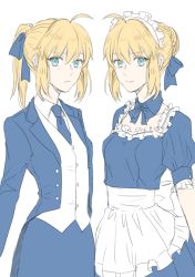 Rule 34 | 2girls, ahoge, apron, artoria pendragon (all), artoria pendragon (fate), blue ribbon, braid, closed mouth, cowboy shot, fate/stay night, fate (series), french braid, frilled apron, frills, green eyes, hair bun, hair ribbon, jacket, looking at viewer, maid, maid headdress, multiple girls, official alternate costume, open clothes, open jacket, orii (orii i), ponytail, puffy short sleeves, puffy sleeves, ribbon, saber (fate), short sleeves, sidelocks, simple background, single hair bun, smile, tuxedo, waist apron, white background
