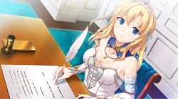Rule 34 | 1girl, blonde hair, blue eyes, breasts, cleavage, dutch angle, game cg, highres, kenseiki alpha ride, letiola (kenseiki alpha ride), looking at viewer, princess, quill, solo, table, tiara, writing