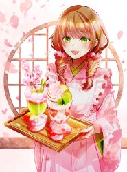 Rule 34 | 1girl, :d, absurdres, apron, braid, branch, brown hair, cherry blossoms, coaster, cowboy shot, falling petals, floral print, flower, food, green eyes, hair flower, hair ornament, highres, holding, holding tray, ice cream, japanese clothes, kimono, lattice, long hair, looking at viewer, maid apron, matcha (food), open mouth, original, parfait, petals, pink apron, pink kimono, pocky, round window, smile, solo, tray, twin braids, tyatorabo, window, wooden tray