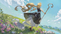 Rule 34 | 1girl, absurdres, animal, back bow, black dress, black footwear, blonde hair, bow, building, cloud, commentary, day, dress, dutch angle, english commentary, facing away, facing up, floating hair, flock, flower, from behind, full body, gejiandenghuo, grazing (livestock), highres, holding, lake, light brown hair, long hair, meadow, mountainous horizon, original, outdoors, outstretched arms, petals, pinafore dress, pink flower, sheep, shepherd, shepherd&#039;s crook, shoe soles, shoes, sky, sleeveless, sleeveless dress, sleeves rolled up, spread arms, standing, very long hair, white bow, white dress, wind