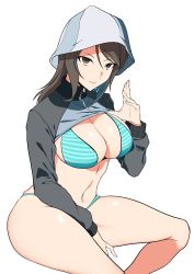 Rule 34 | 1girl, absurdres, bikini, bikini under clothes, blue hat, blue jacket, breasts, brown eyes, brown hair, cleavage, closed mouth, clothes lift, commentary, girls und panzer, green bikini, hat, highres, invisible chair, jacket, jacket lift, keizoku military uniform, large breasts, lifting own clothes, long hair, long sleeves, looking at viewer, mika (girls und panzer), military, military uniform, navel, nokogiriotoko, raglan sleeves, simple background, sitting, skindentation, smile, solo, striped bikini, striped clothes, swimsuit, track jacket, uniform, white background