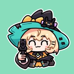 Rule 34 | 1girl, :3, ^ ^, aiming, aiming at viewer, animal, animal on head, black cat, black coat, black headwear, blonde hair, blush stickers, bob cut, bow, bowtie, cat, chibi, closed eyes, closed mouth, coat, commentary, cropped torso, english commentary, facing viewer, green background, gun, hair ornament, hairclip, hand up, hat, holding, holding gun, holding weapon, large hat, long sleeves, millie parfait, millie parfait (1st costume), nijisanji, nijisanji en, on head, orange bow, orange shirt, pongari, purple bow, shirt, short hair, simple background, smile, solo, upper body, virtual youtuber, weapon, witch hat