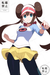 Rule 34 | 1girl, absurdres, black pantyhose, bow, breasts, bright pupils, brown hair, clenched hand, closed mouth, commentary request, creatures (company), double bun, doughnut hair bun, game freak, green eyes, hair bun, hat, highres, holding, holding poke ball, looking at viewer, maizumi, medium breasts, nintendo, pantyhose, pantyhose under shorts, pink bow, poke ball, poke ball (basic), pokemon, pokemon bw2, raglan sleeves, rosa (pokemon), short shorts, shorts, simple background, sleeves past elbows, smile, solo, twintails, visor cap, white background, white hat, white pupils, yellow shorts